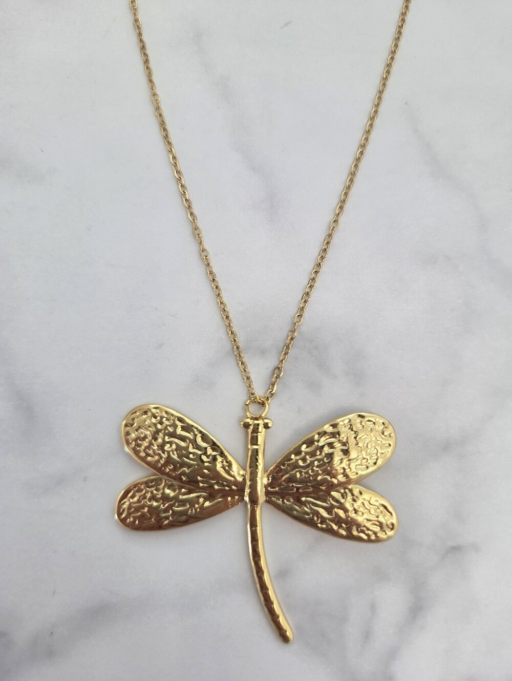 Gold Tone Textured Dragonfly Pendant Necklace Statement Jewelry